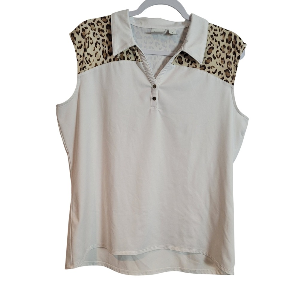 Chicos‎ Zenergy Golf Sleeveless Polo Shirt White Leopard Print Sz 2 Large Preppy